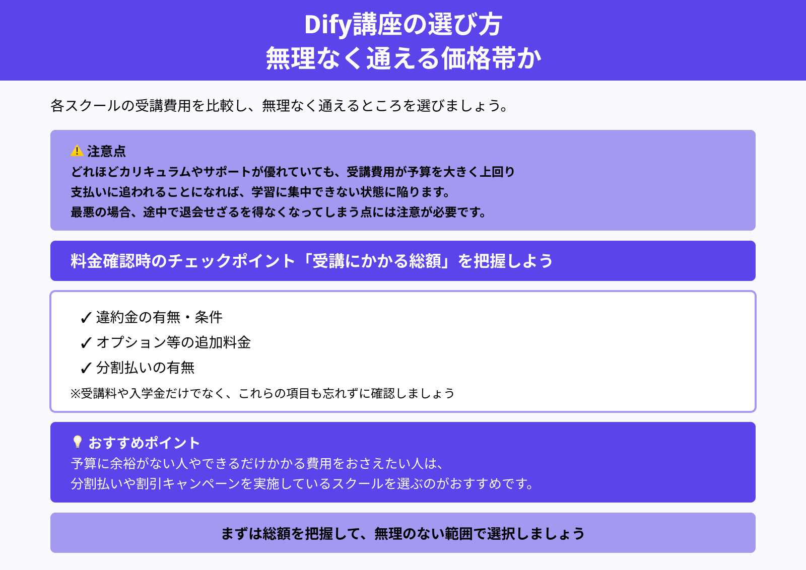Dify講座の選び方 無理なく通える価格帯か