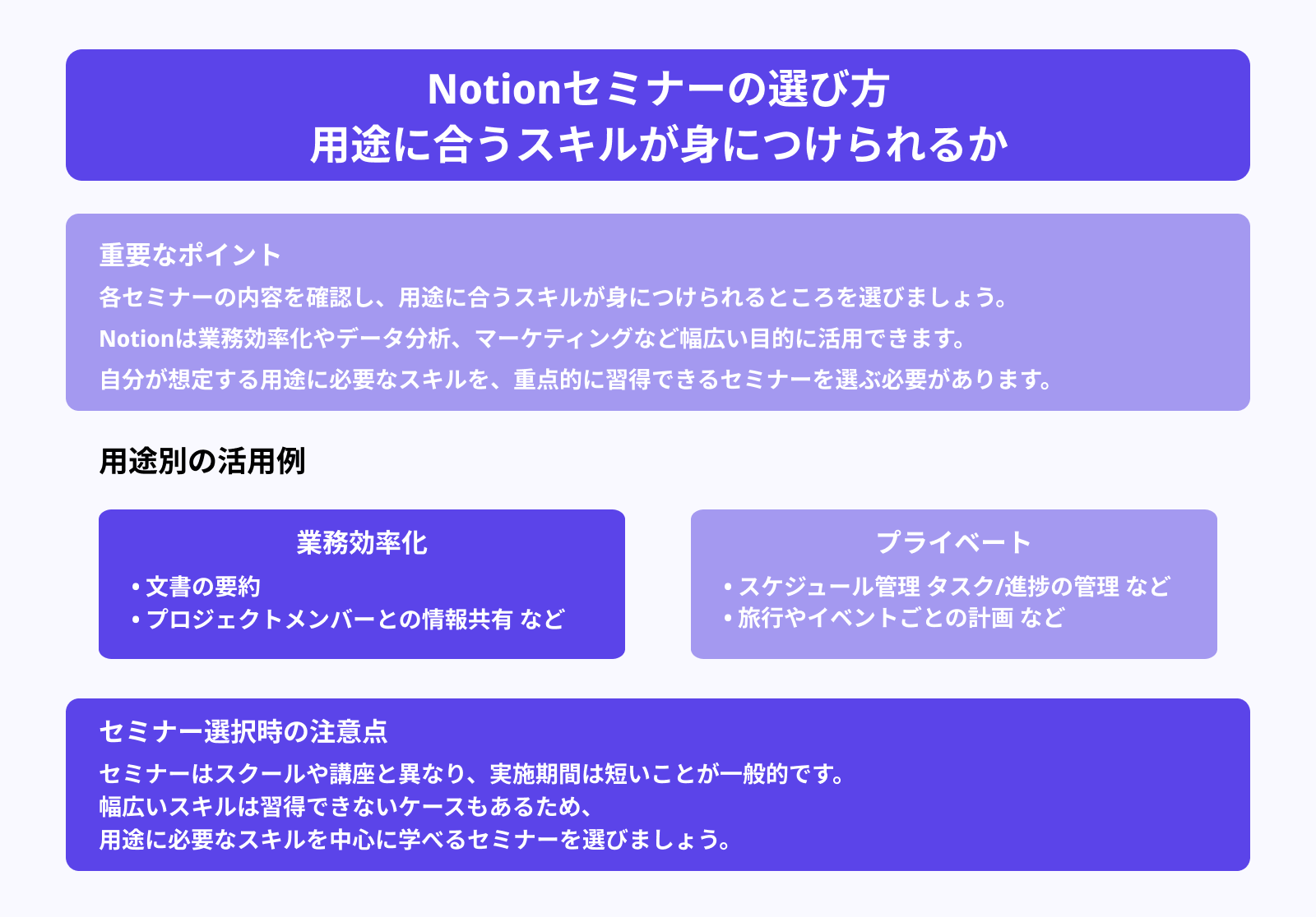 Notionセミナーの選び方 用途に合うスキルが身につけられるか