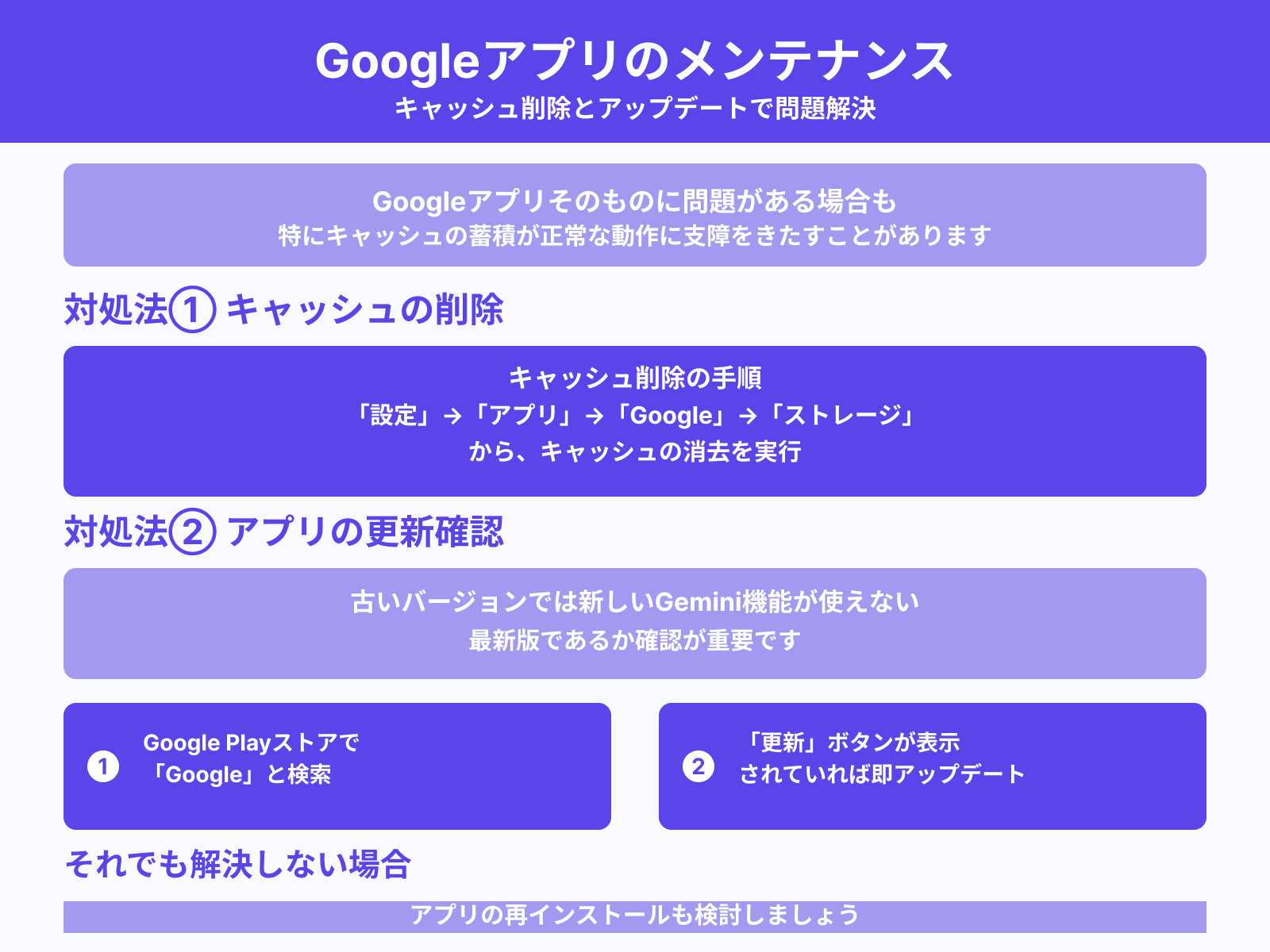 Googleアプリのキャッシュ・更新の確認