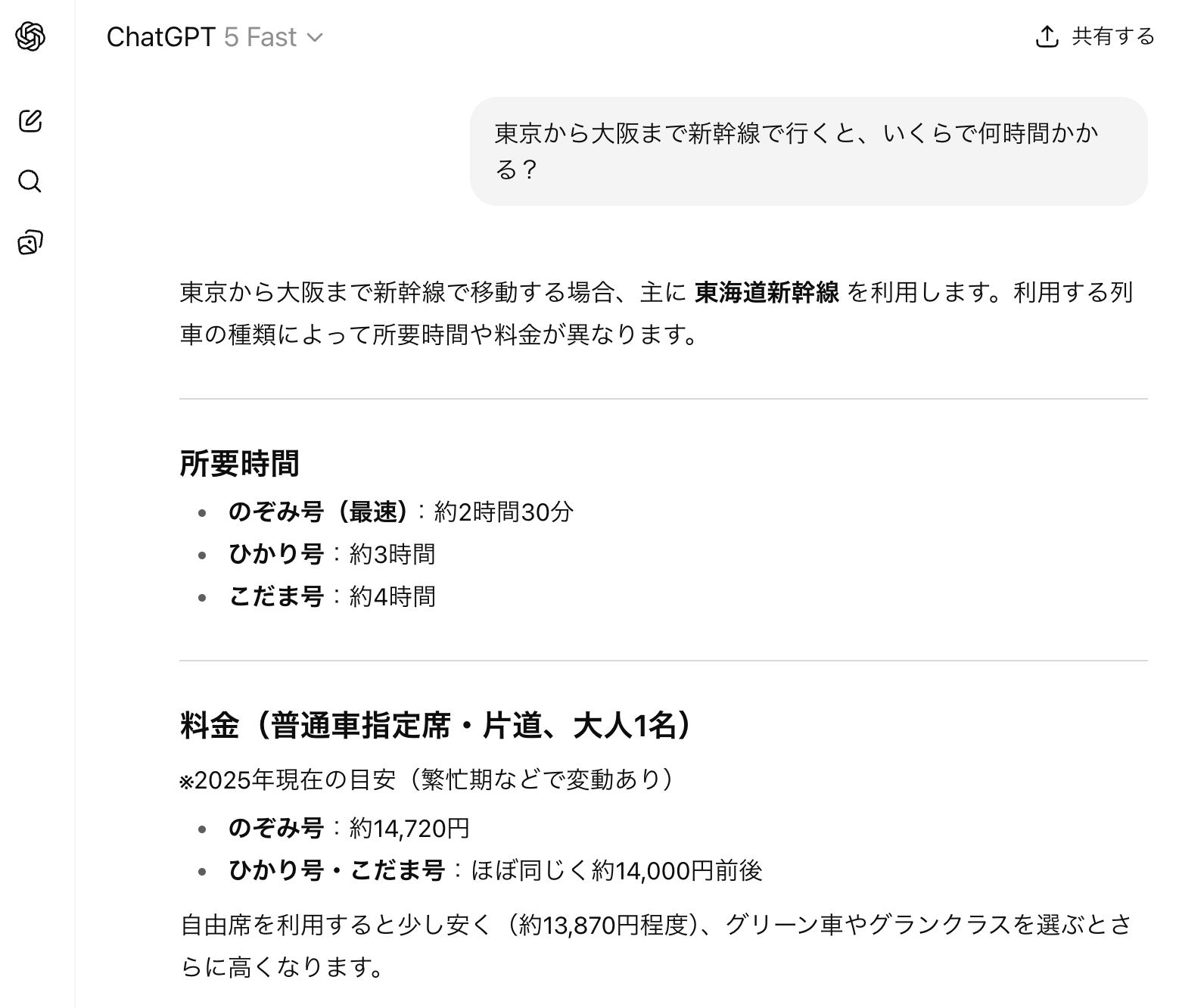 ChatGPT「Fastモードの使用例」
