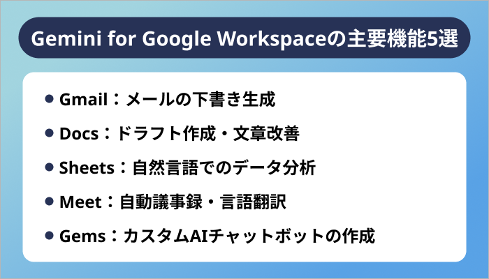 Gemini for Google Workspaceの主要機能5選