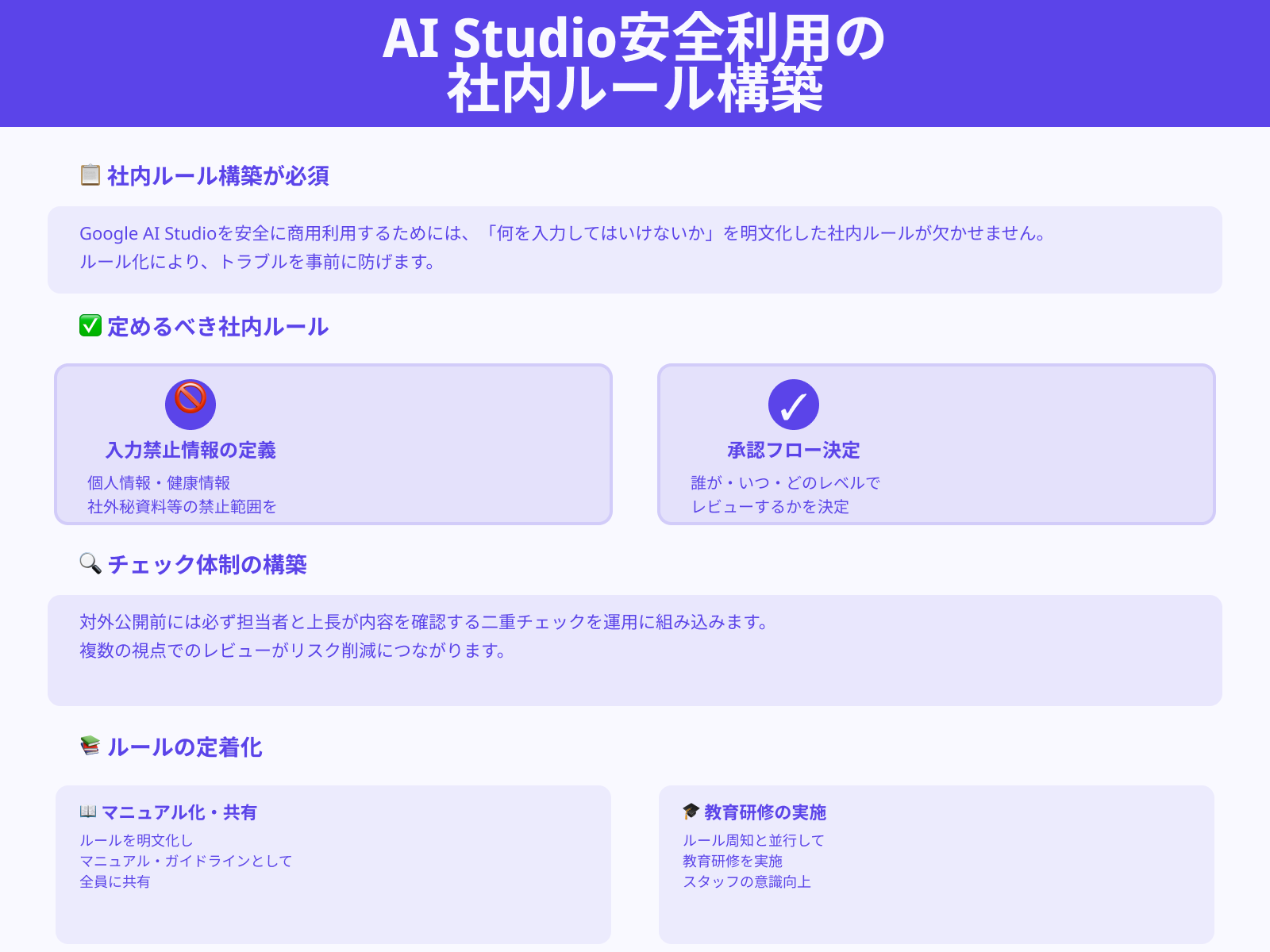 入力禁止情報とレビュー体制を含む社内ルールを整備する
