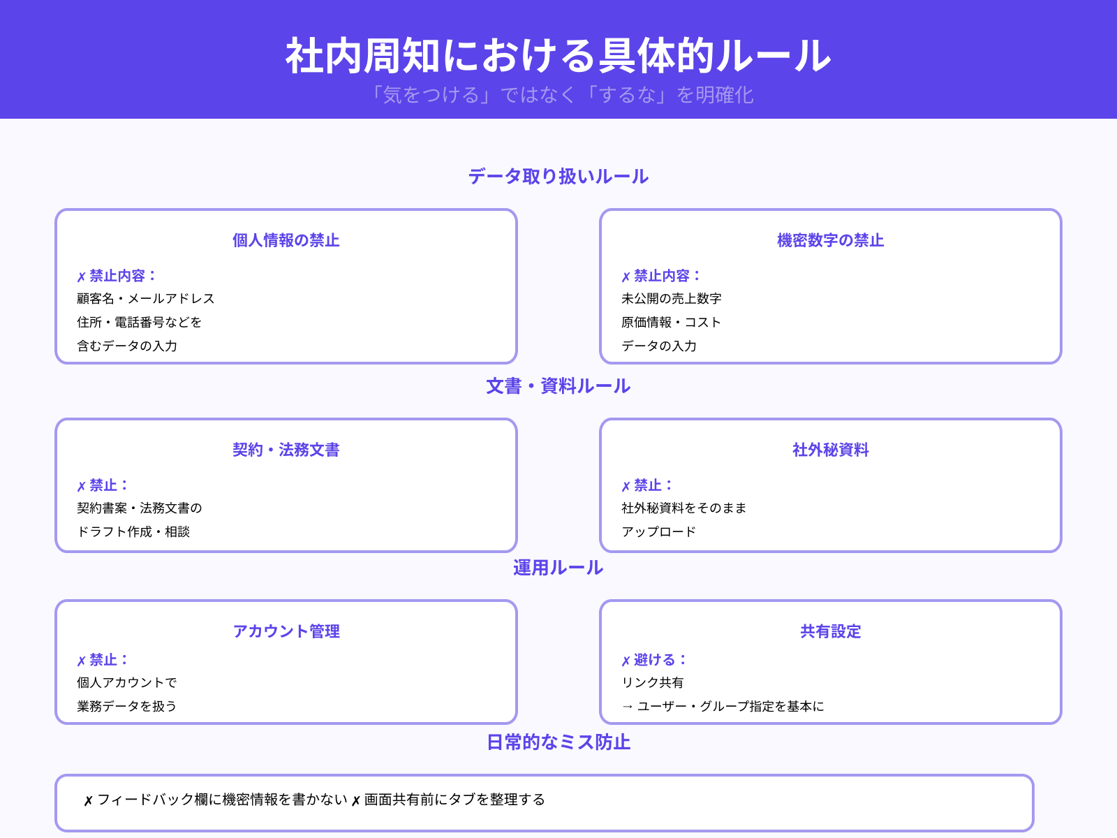 社内で共有すべき注意ポイントと禁止事項