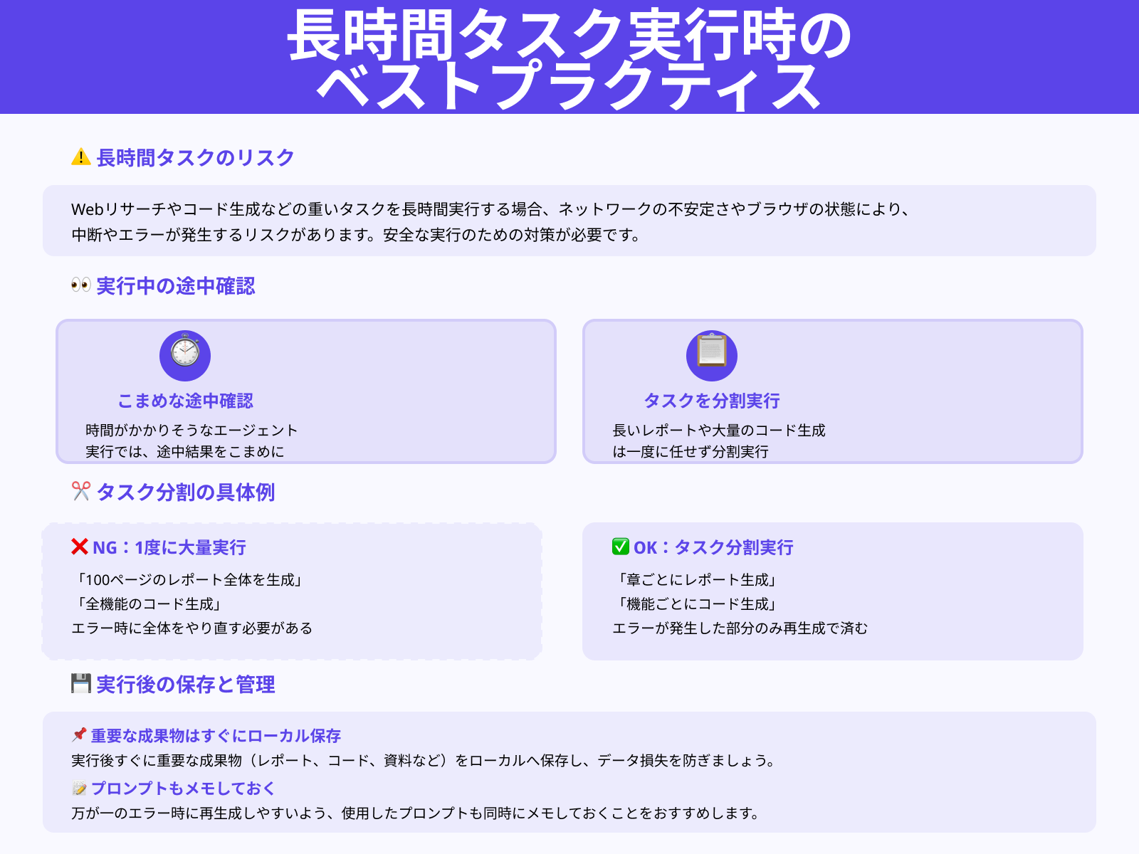 長時間タスク実行時のエラー・中断リスクを見越しておく