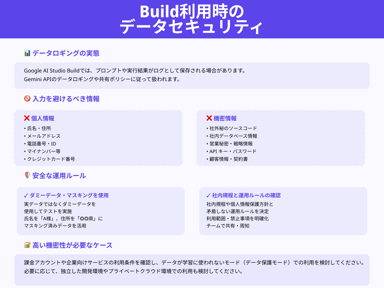 機密情報や個人情報をそのままプロンプトに入力しない