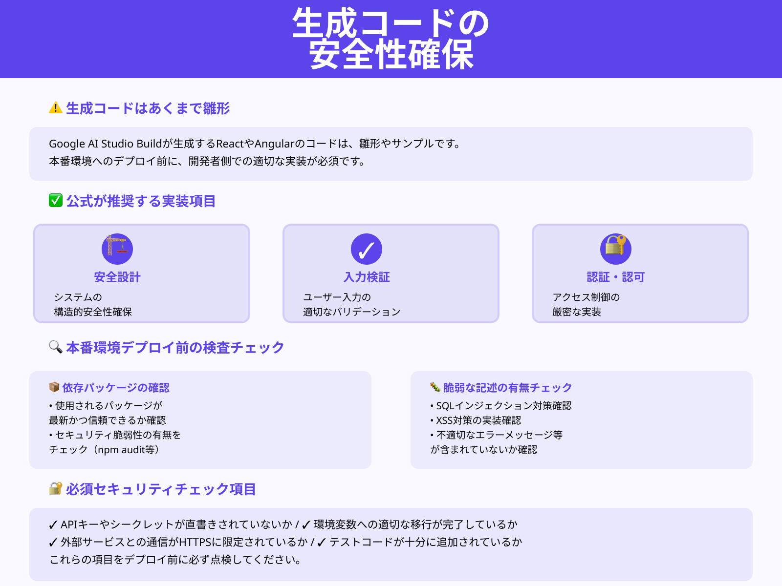コードはそのまま使わず、自分で動作・セキュリティチェックをする