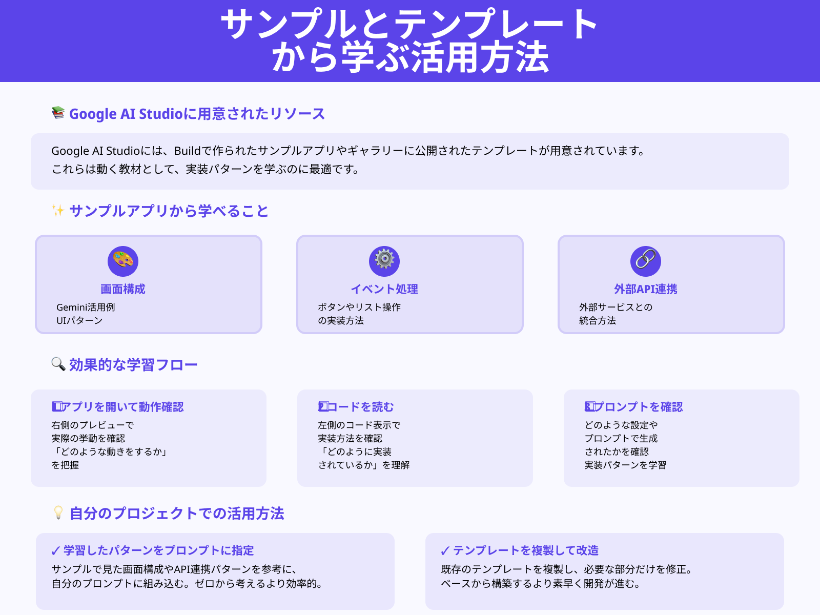 テンプレートやサンプルアプリを使って動きを真似しながら学ぶ