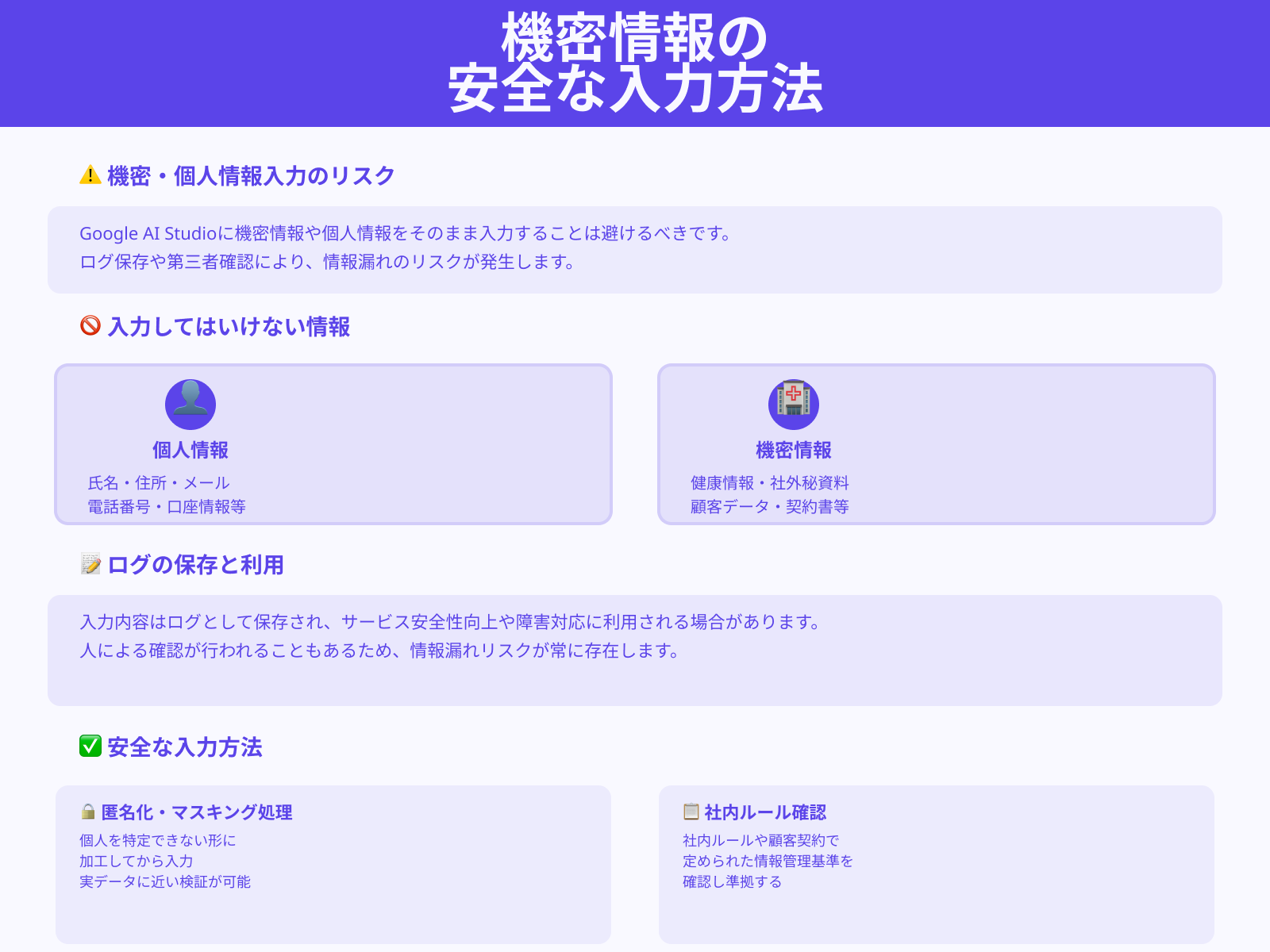 機密情報・個人情報をそのまま入力するのはNG