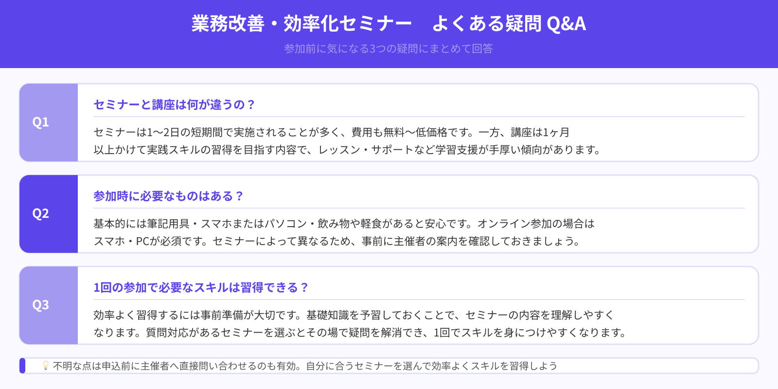 業務改善・効率化セミナーへ参加する際によく抱く疑問