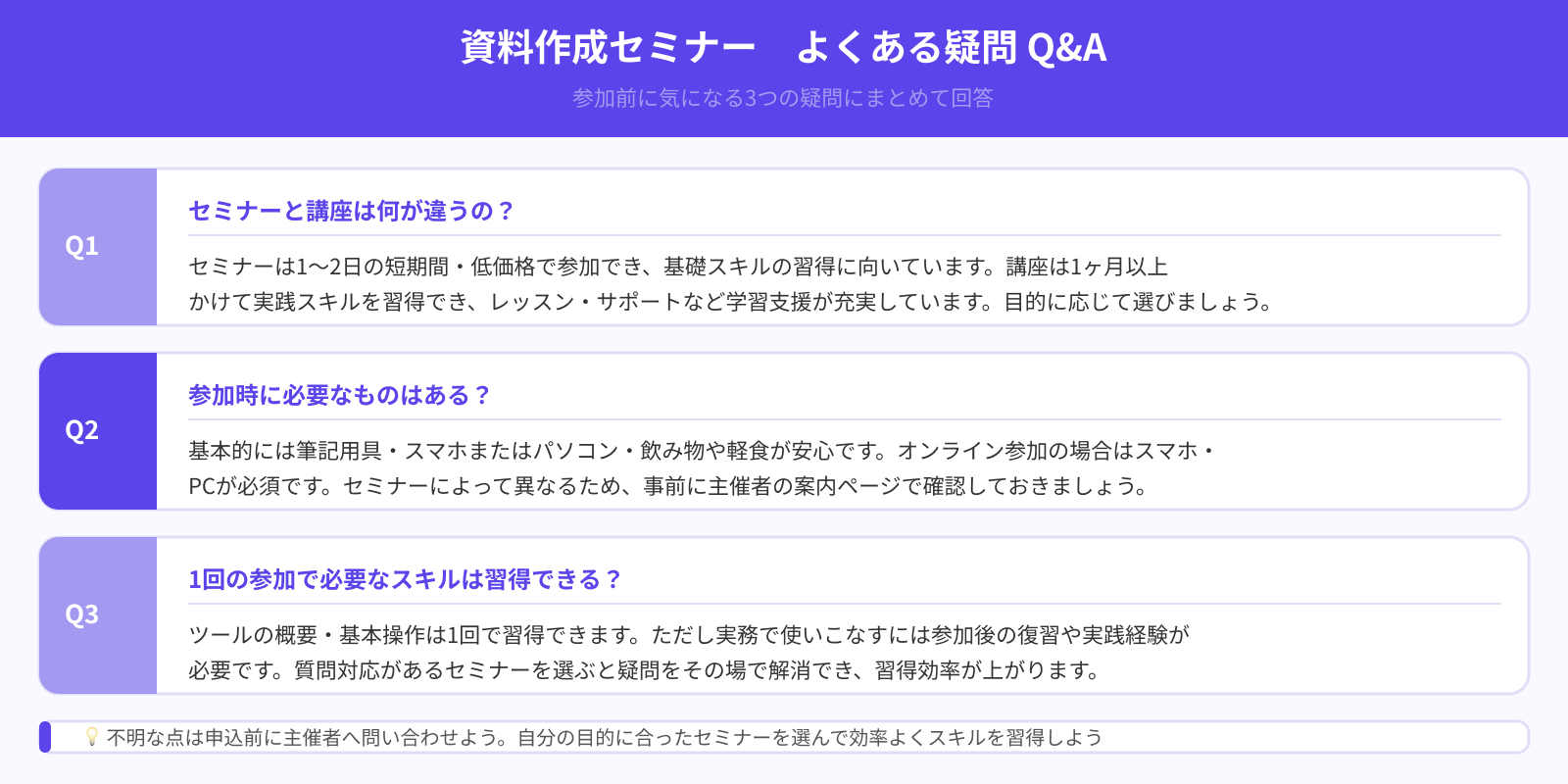 資料作成セミナーへ参加する際によく抱く疑問