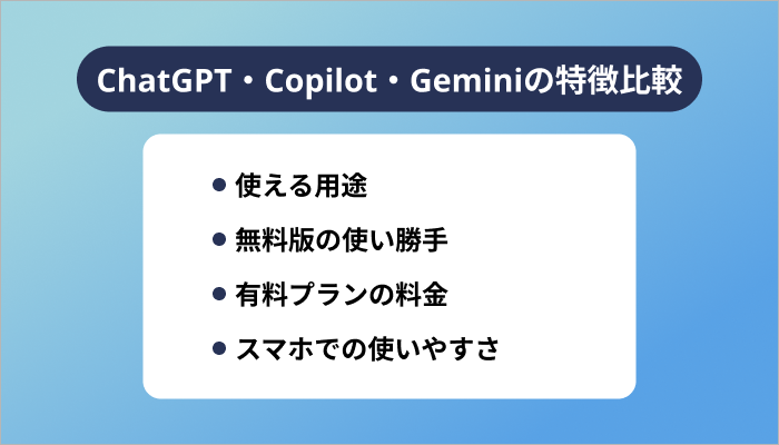 ChatGPT・Copilot・Geminiの特徴比較