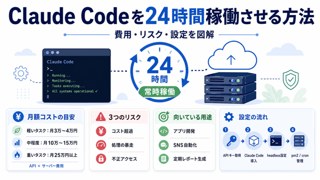 Claude Codeを24時間動かす方法【費用や常時稼働のリスクも解説】