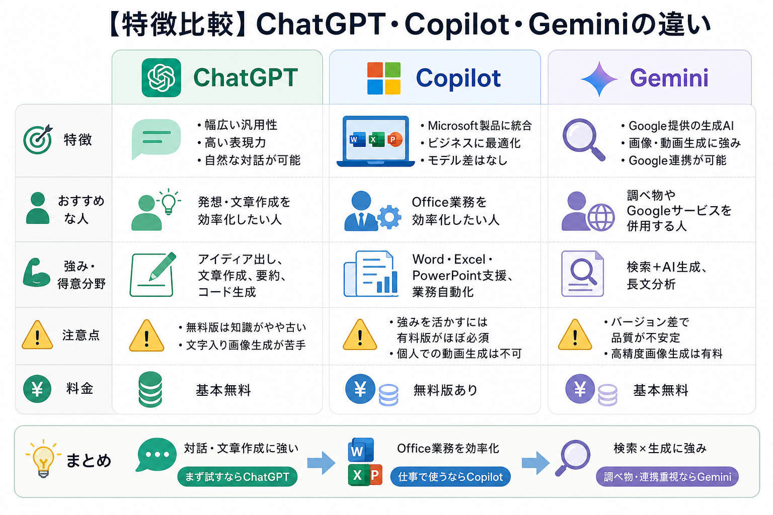 【特徴比較】ChatGPT・Copilot・Geminiの違い