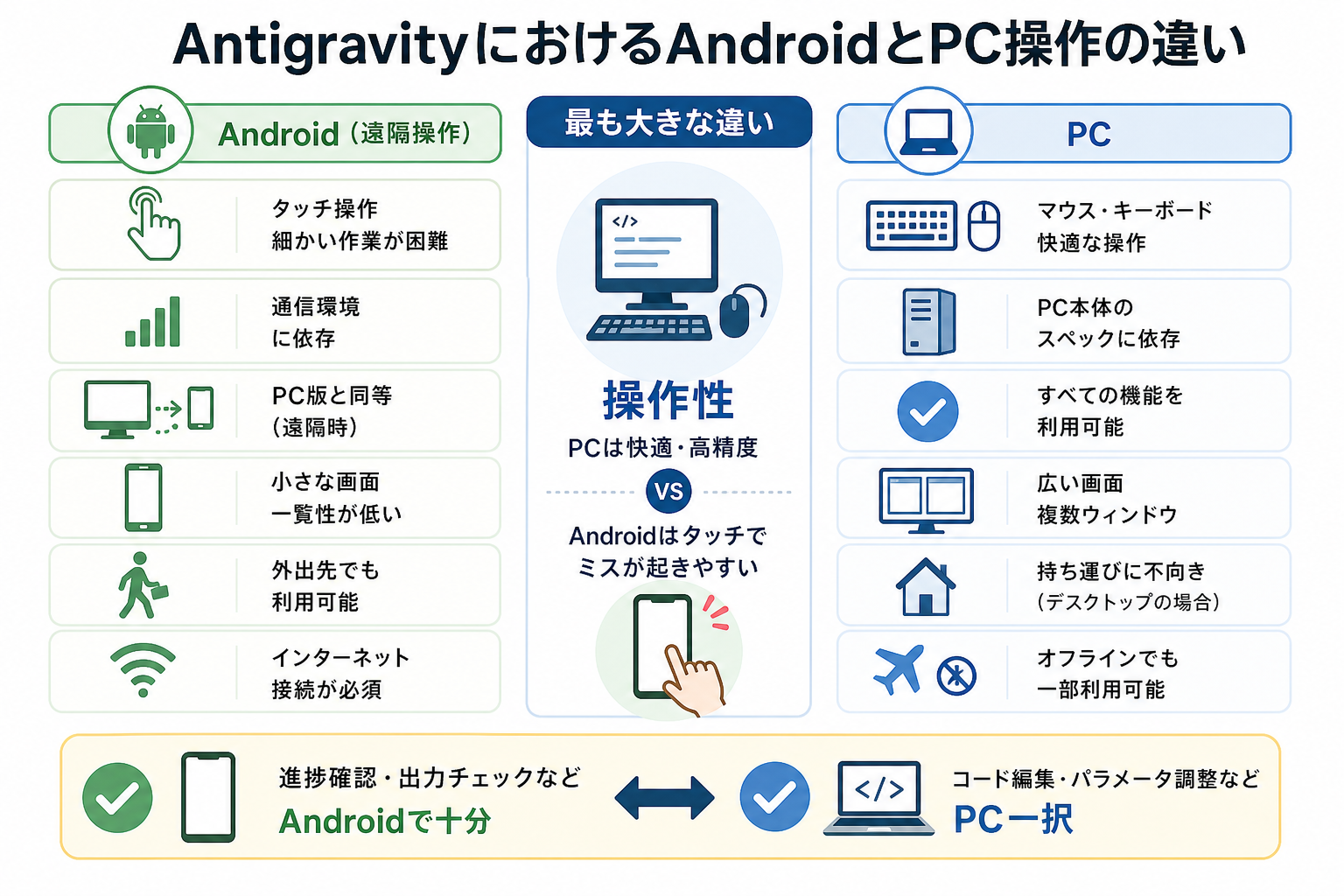 AntigravityにおけるAndroidとPC操作の違い